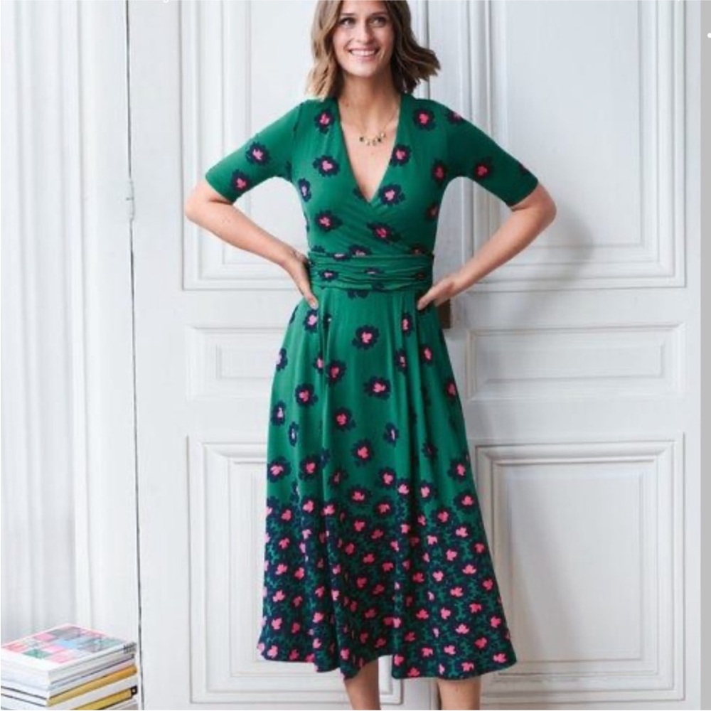 Boden Green and Pink Floral Midi Dress